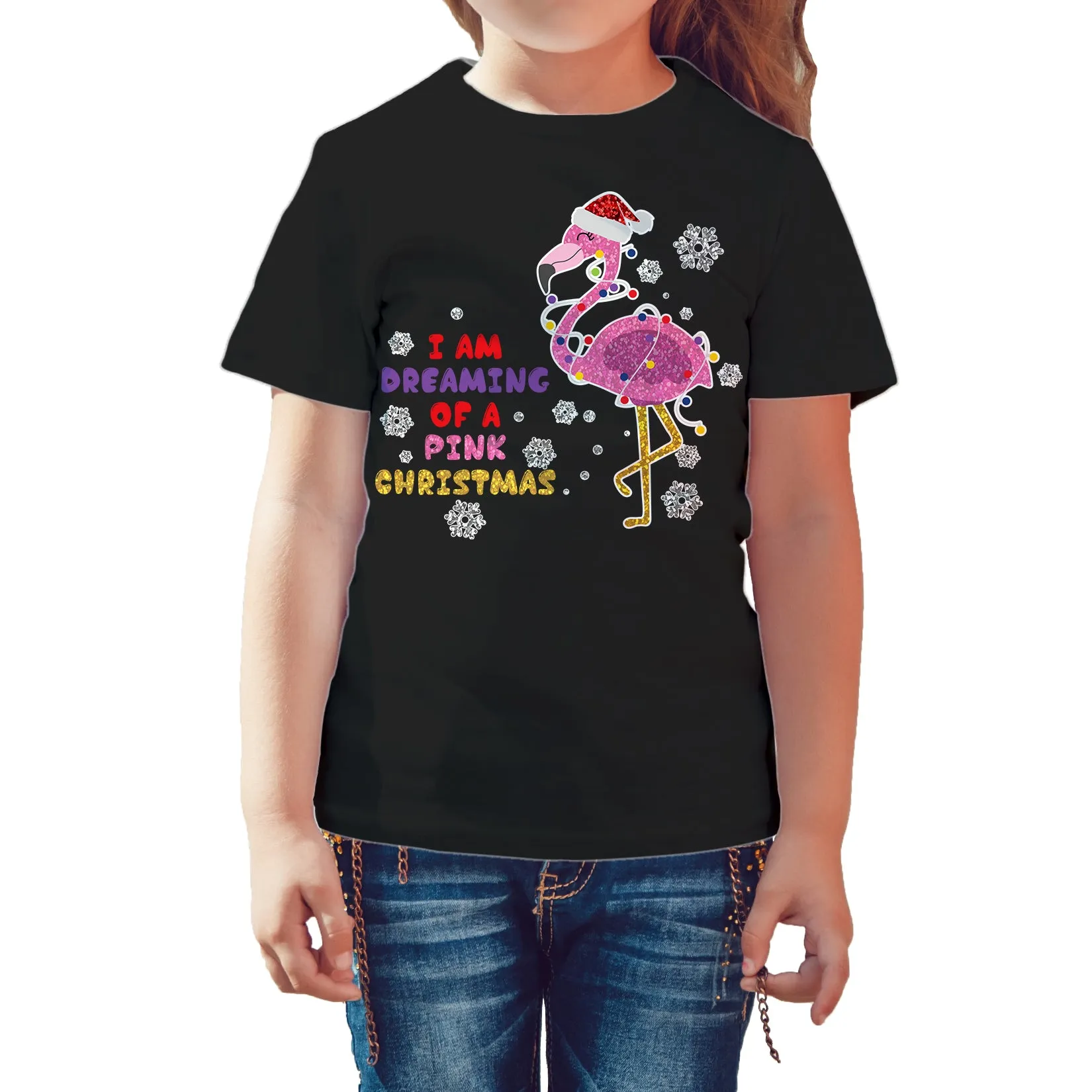 Christmas Flamingo Dreaming Pink Xmas Sparkle Family Cute Kid's T-Shirt