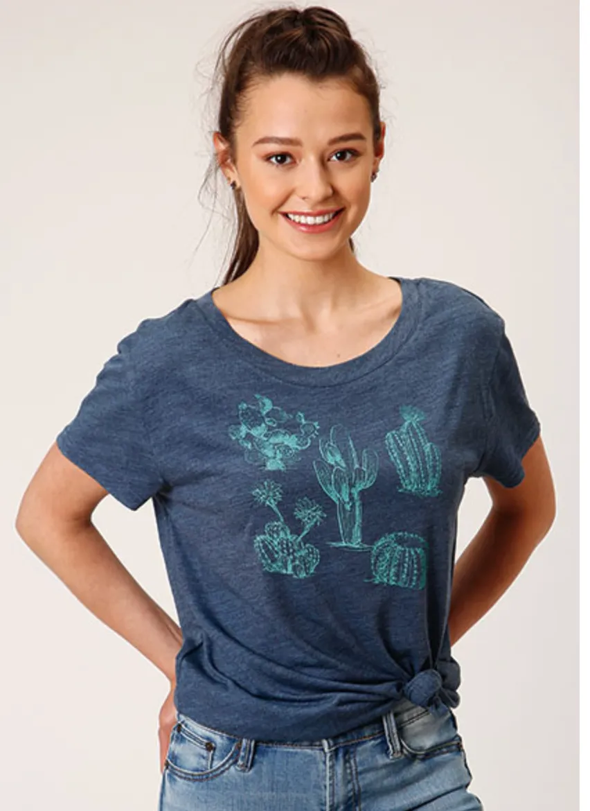 CL03-039-0514-2050 Ladies S/S Shirt - Navy w/Teal Cactus