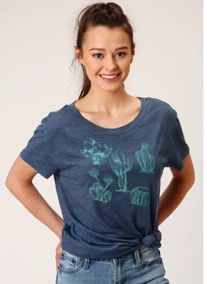 CL03-039-0514-2050 Ladies S/S Shirt - Navy w/Teal Cactus