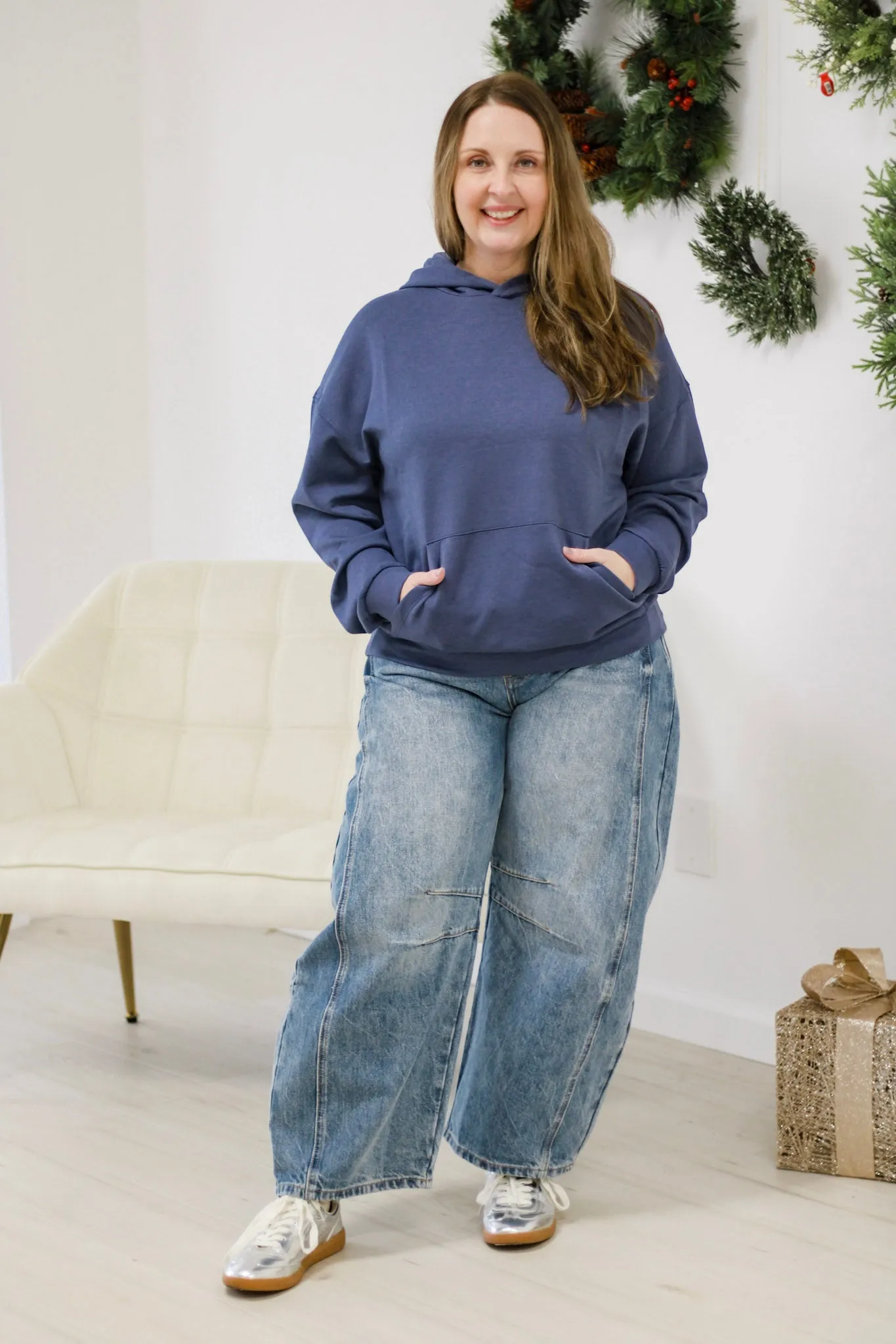 Cool Evenings Hooded Scuba Doorbuster Pullover in Dusty Blue