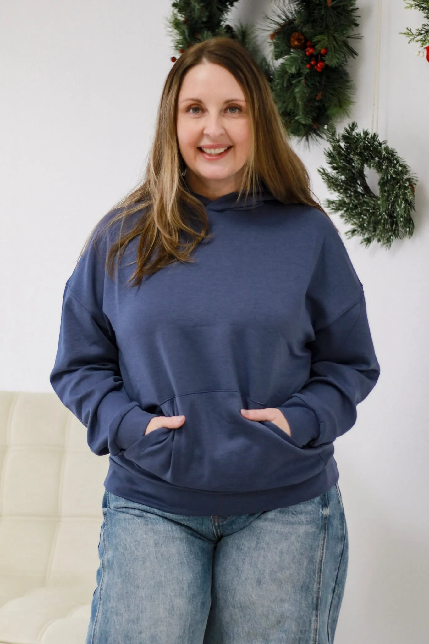 Cool Evenings Hooded Scuba Doorbuster Pullover in Dusty Blue