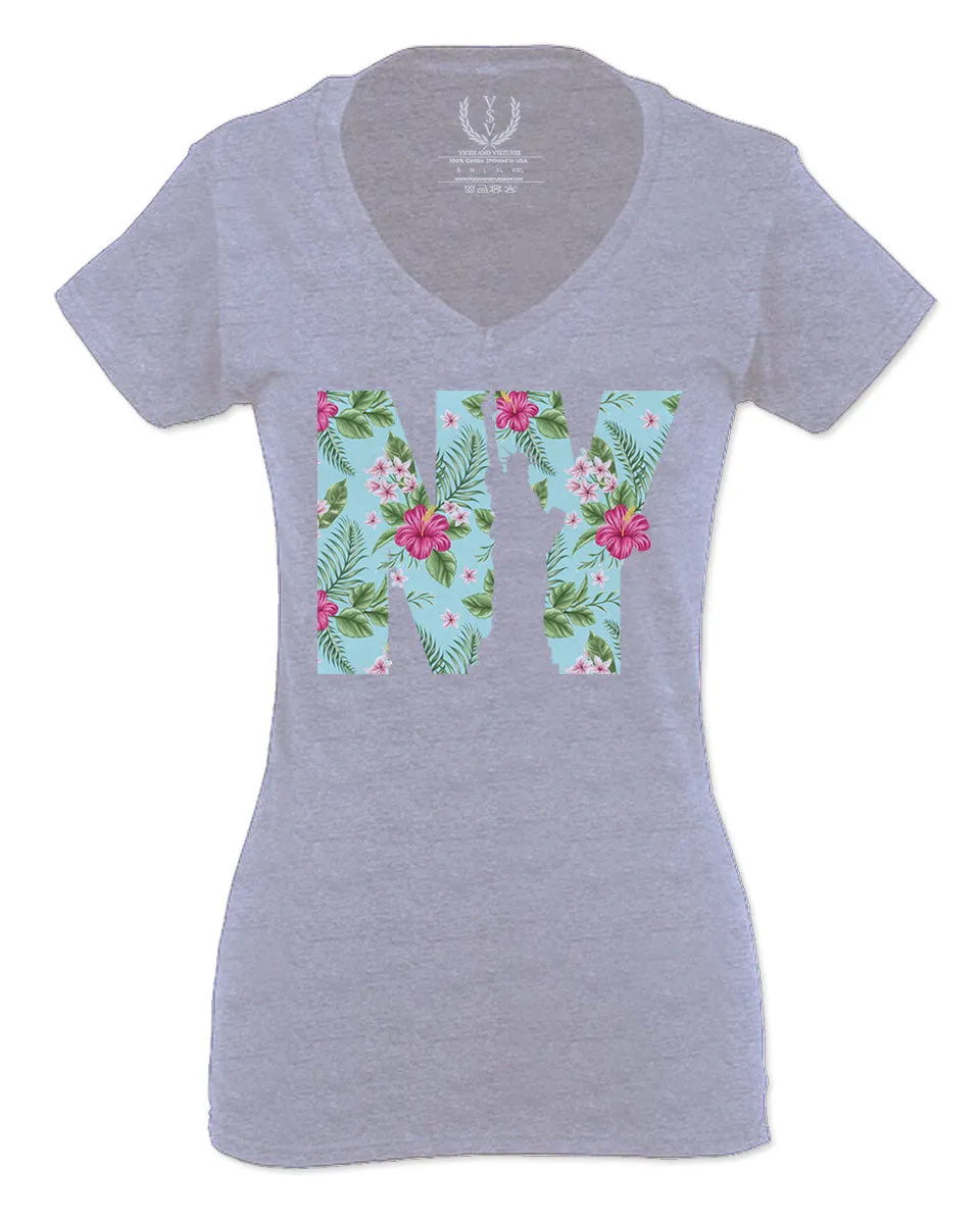 Cool New York Gift Liberty Statue Nyc Floral Beach Summer Vacation Palm For Women V neck fitted T Shirt