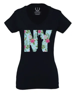 Cool New York Gift Liberty Statue Nyc Floral Beach Summer Vacation Palm For Women V neck fitted T Shirt