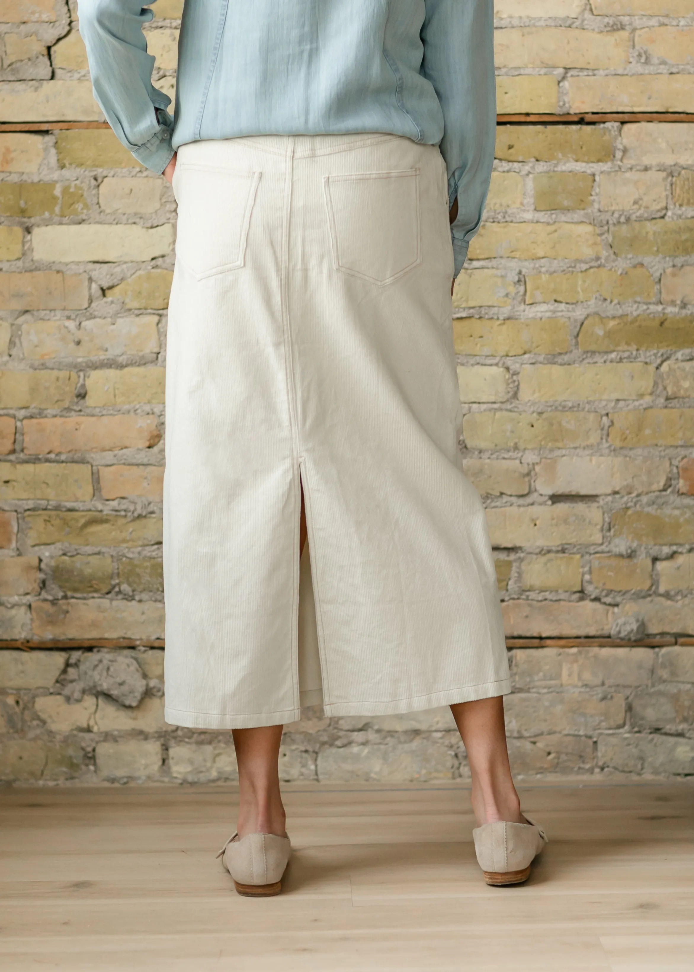 Corduroy Cream Back Slit Midi Skirt - FINAL SALE