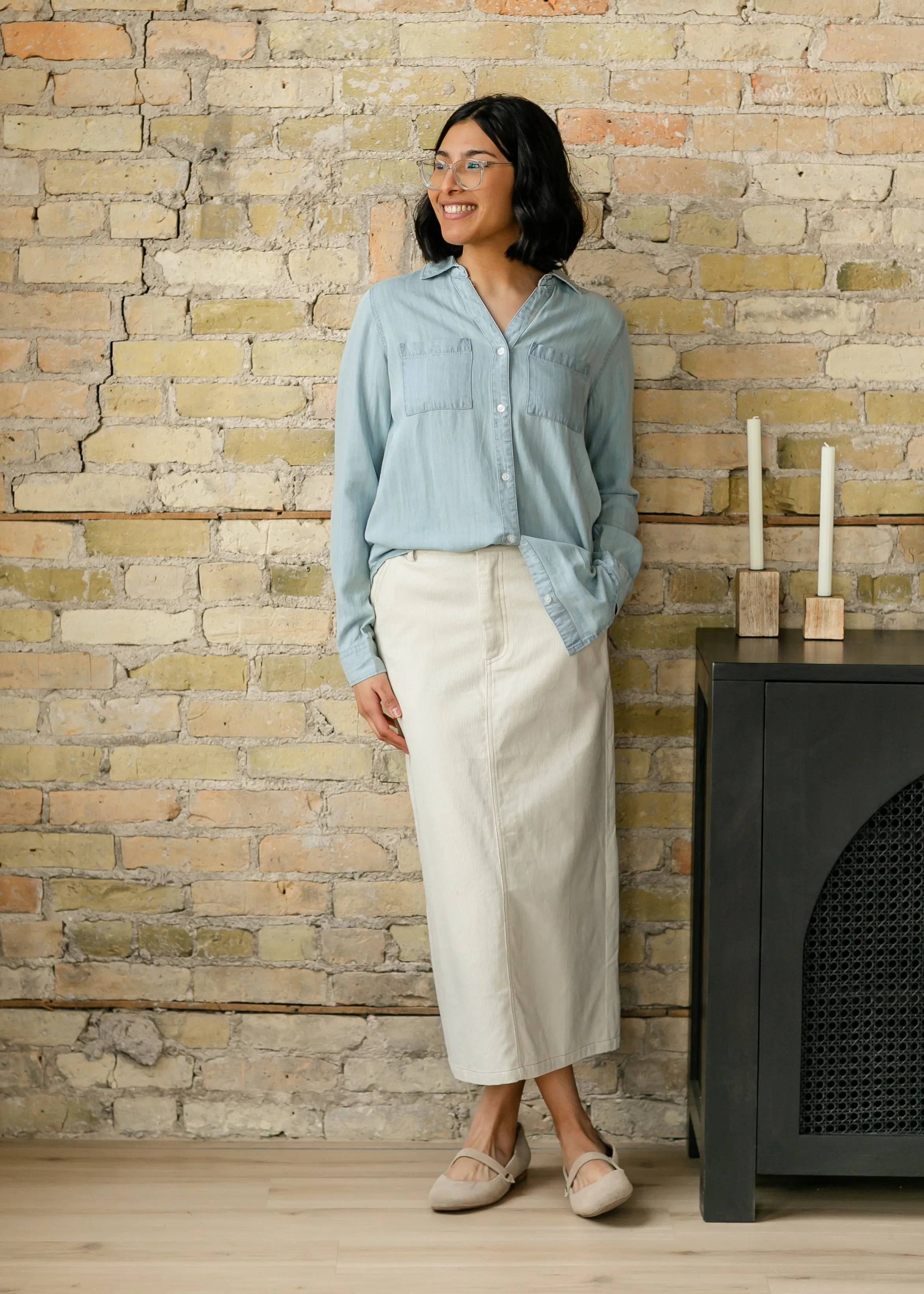 Corduroy Cream Back Slit Midi Skirt - FINAL SALE