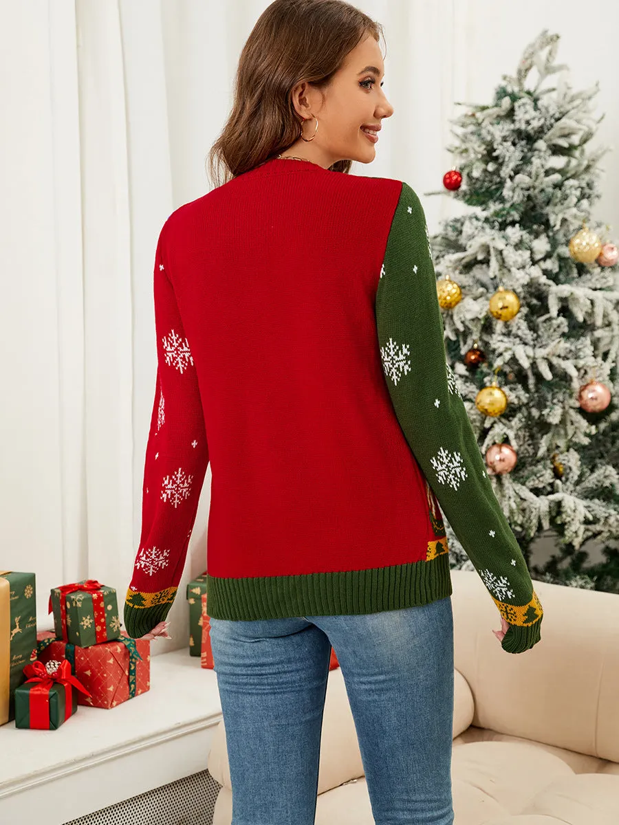 Cozy Contrast Jacquard Open-Front Cardigan for Festive Layered Looks