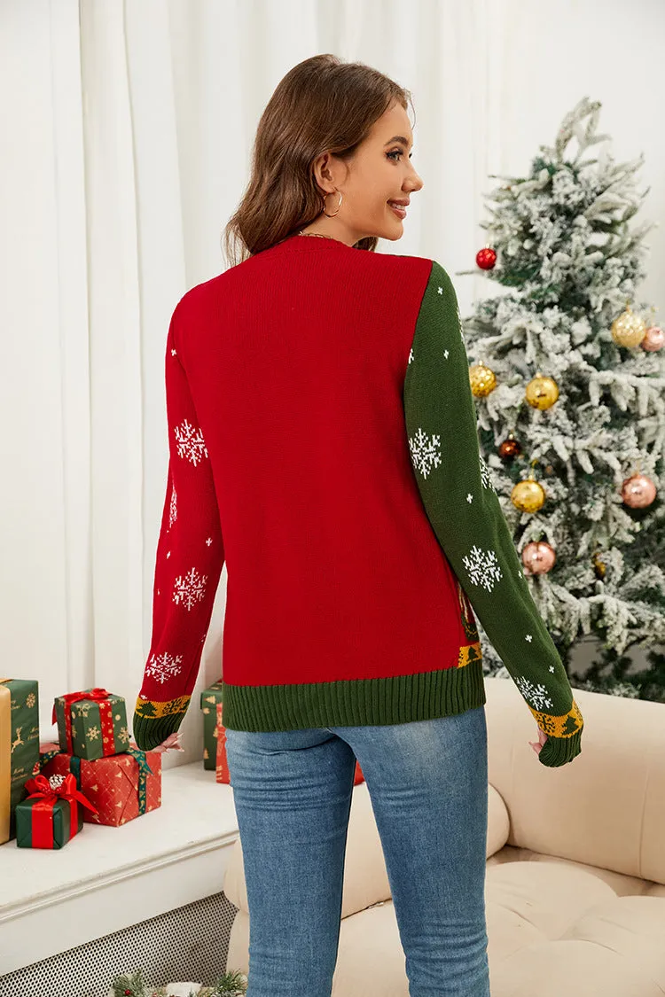 Cozy Contrast Jacquard Open-Front Cardigan for Festive Layered Looks