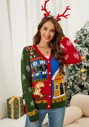 Cozy Contrast Jacquard Open-Front Cardigan for Festive Layered Looks