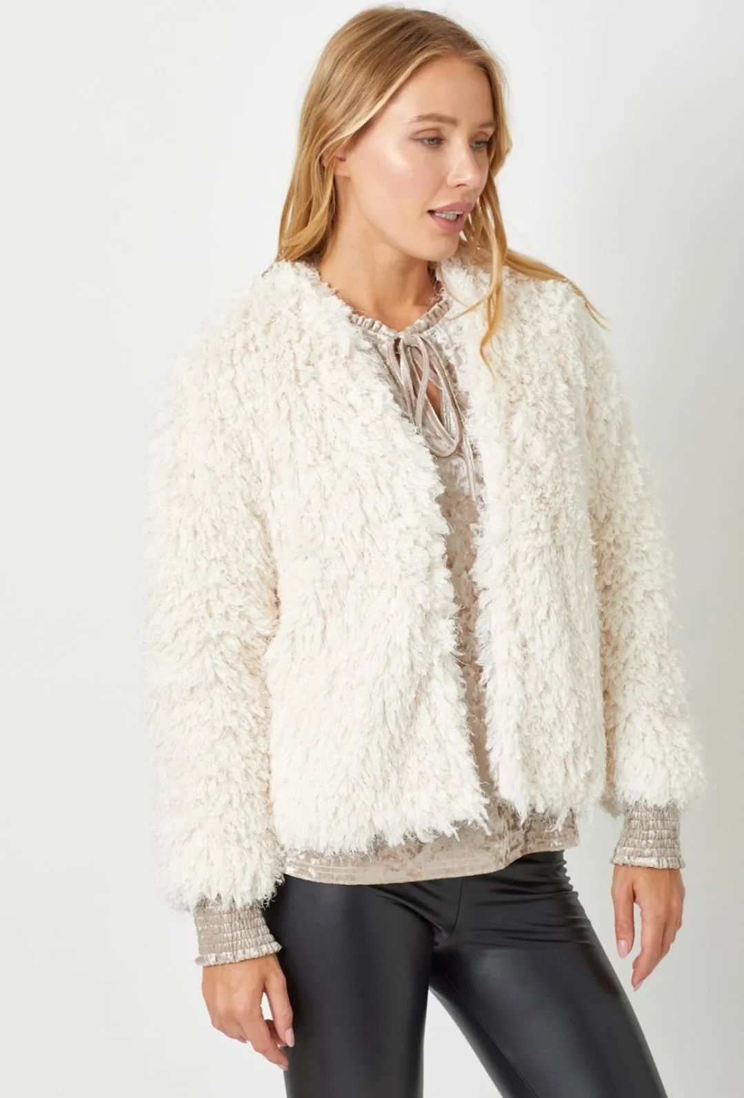 Cream Faux Fur Open Jacket