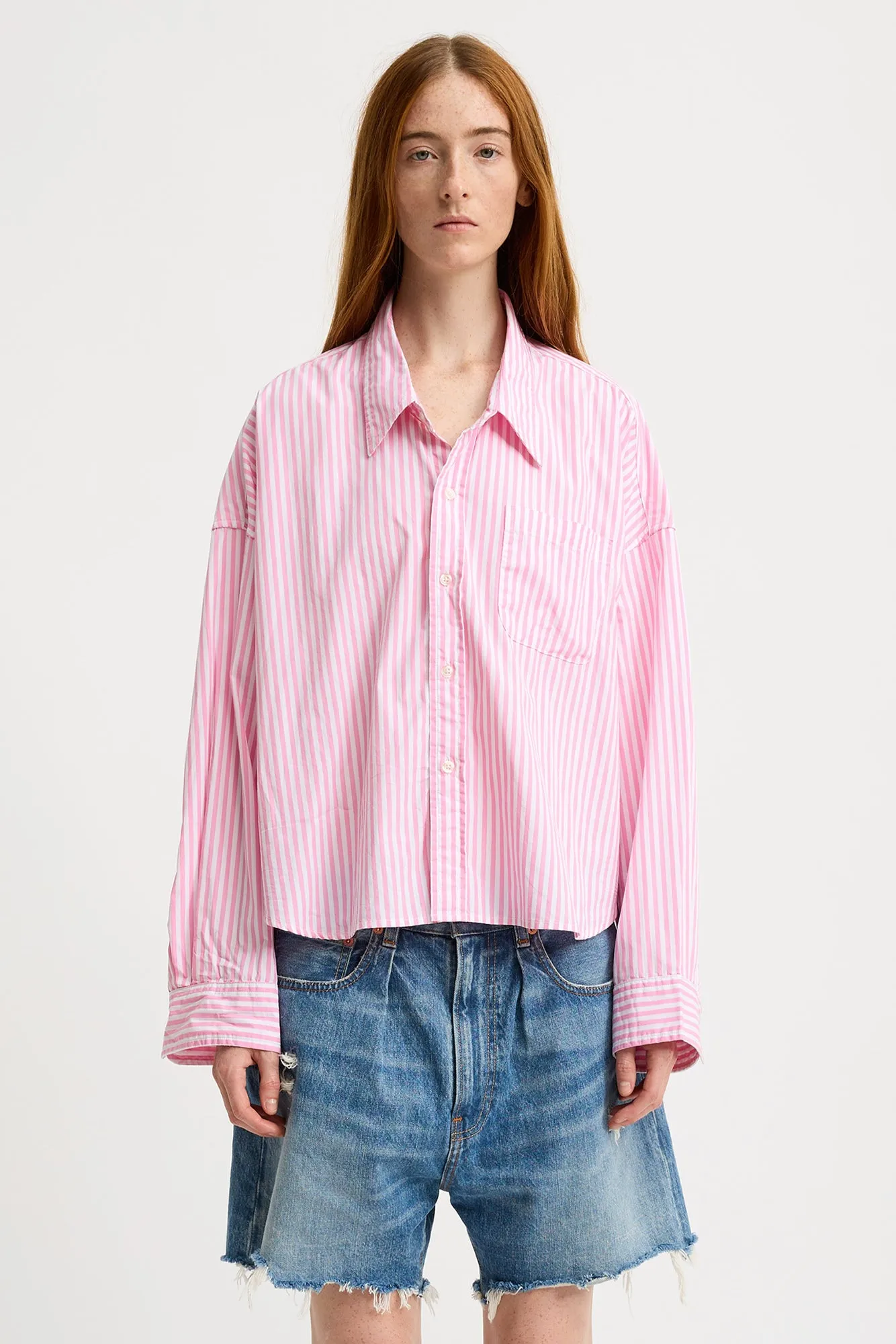 Cropped Shirt - Wide Pink Stripe