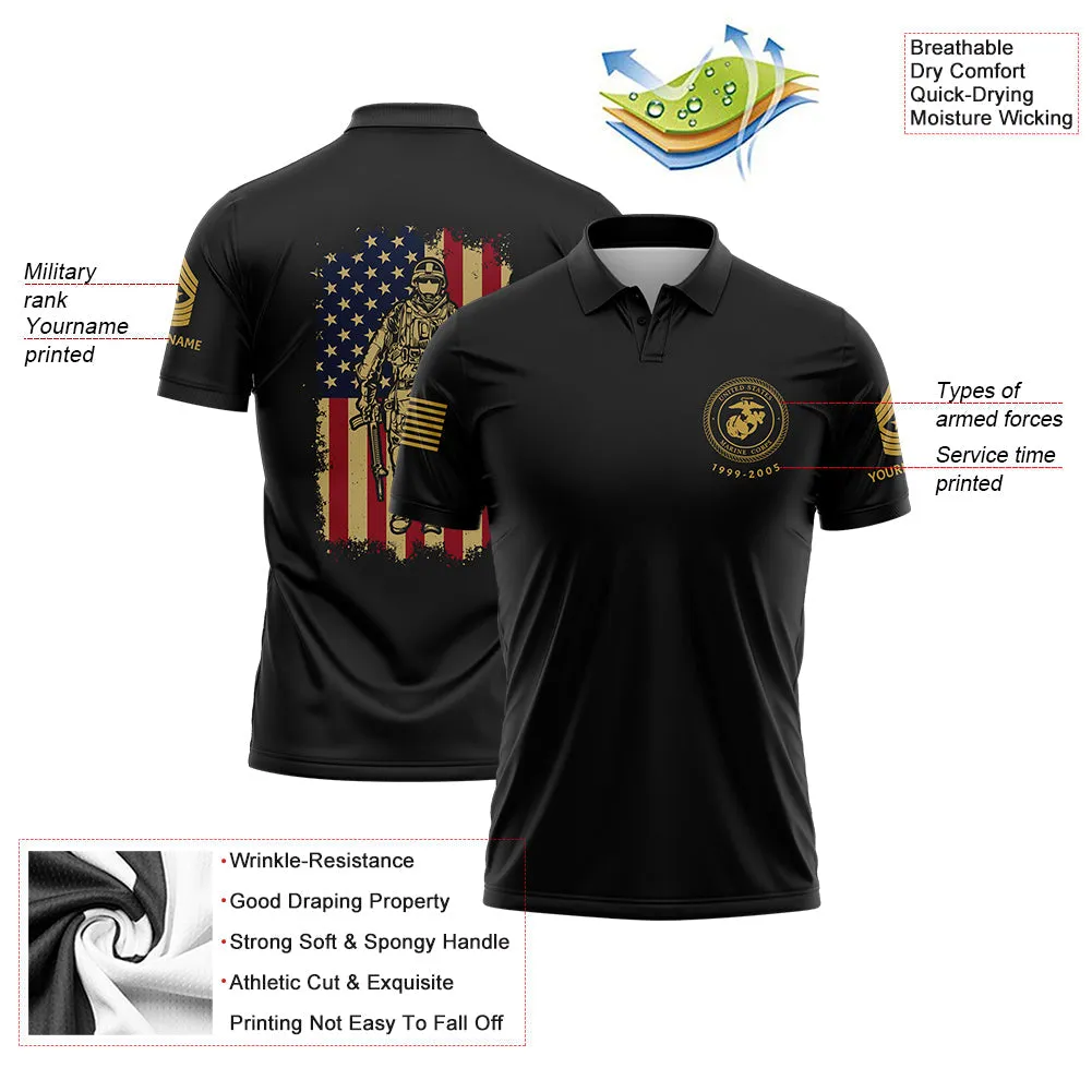 Custom Black American Flag Military Rank Veteran Name Golf Polo Shirt