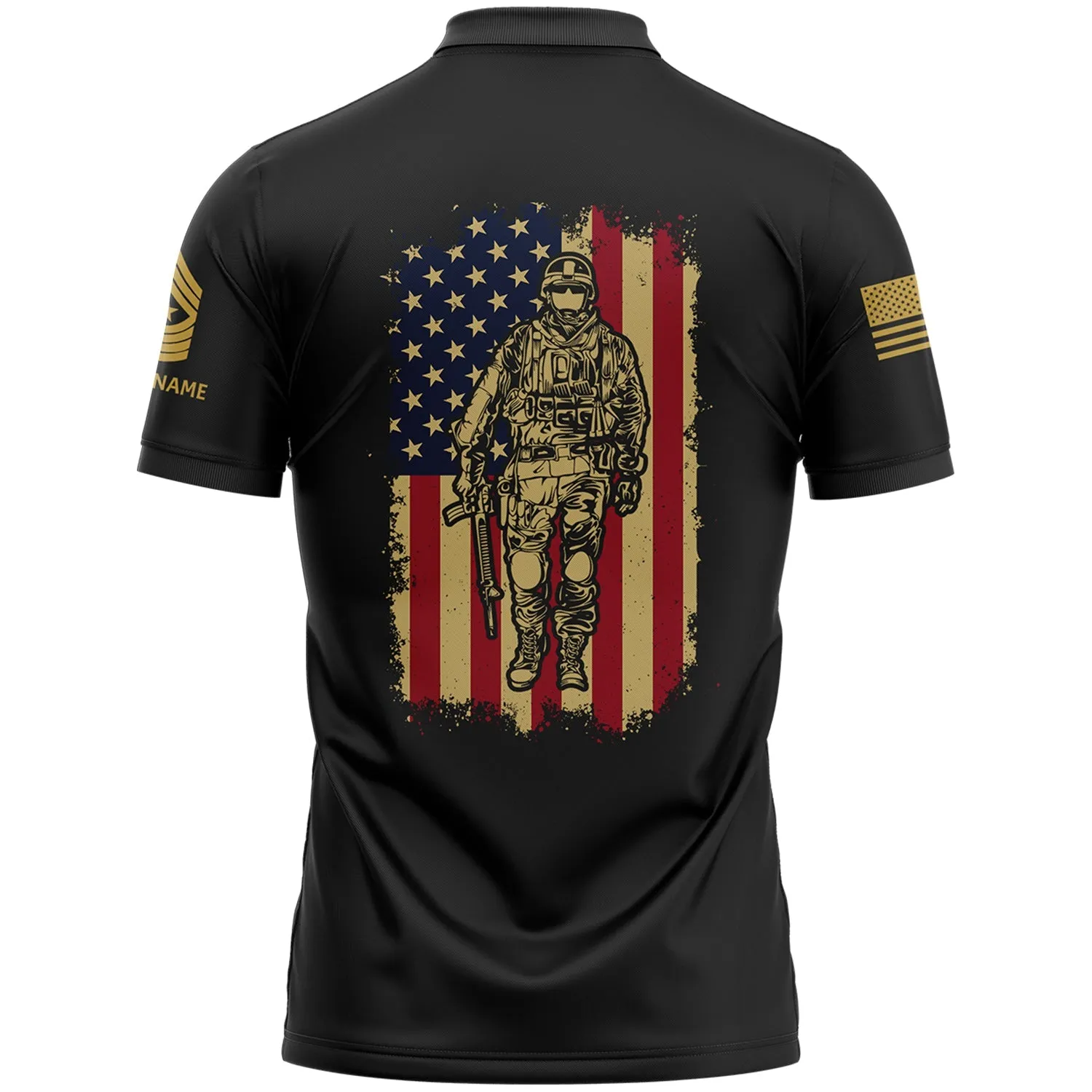 Custom Black American Flag Military Rank Veteran Name Golf Polo Shirt