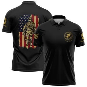 Custom Black American Flag Military Rank Veteran Name Golf Polo Shirt