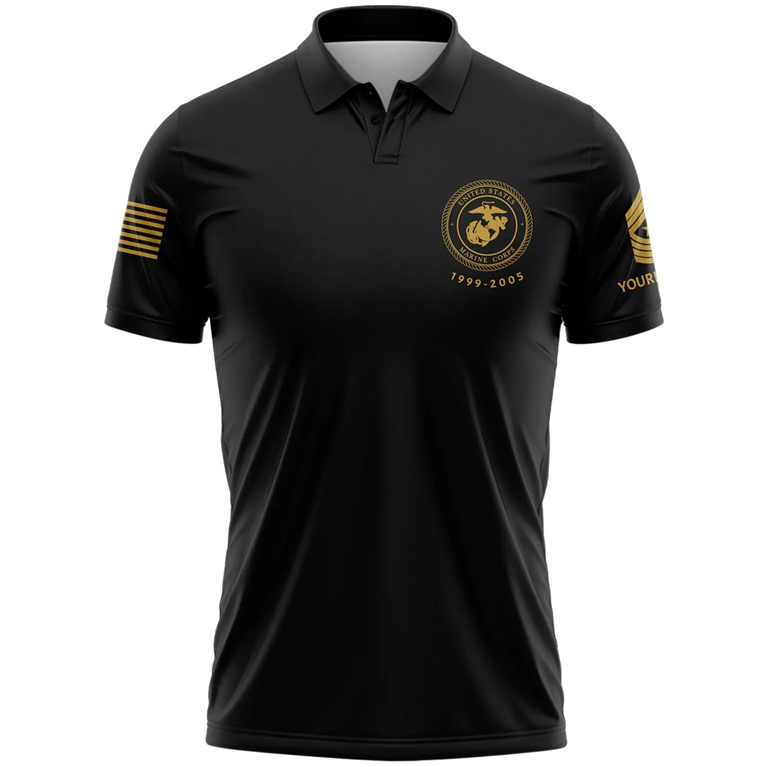 Custom Black American Flag Military Rank Veteran Name Golf Polo Shirt