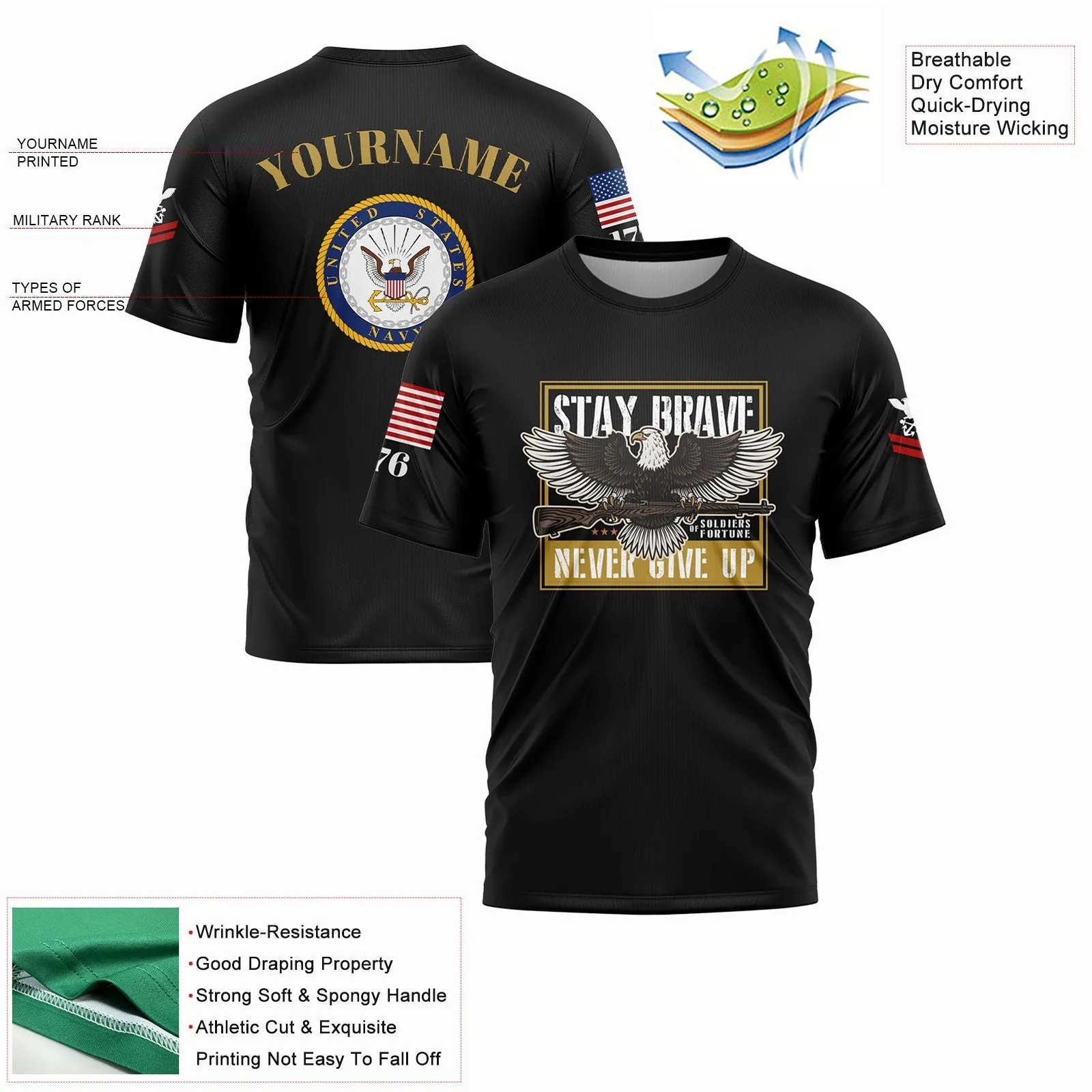 Custom Black Eagle Stay Brave Never Give Up 1776 U.S Navy Military Rank Name T-Shirt
