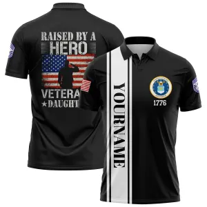 Custom Black Raised By A Hero 1776 Flag U.S Air Force Military Rank Name Veterans Day Golf Polo Shirt | Father's Day Gifts