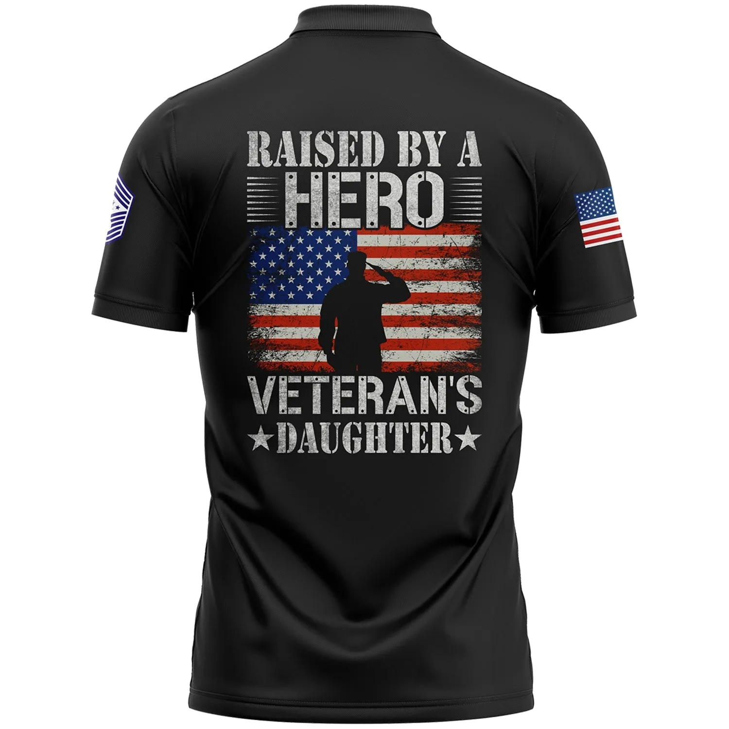 Custom Black Raised By A Hero 1776 Flag U.S Air Force Military Rank Name Veterans Day Golf Polo Shirt | Father's Day Gifts