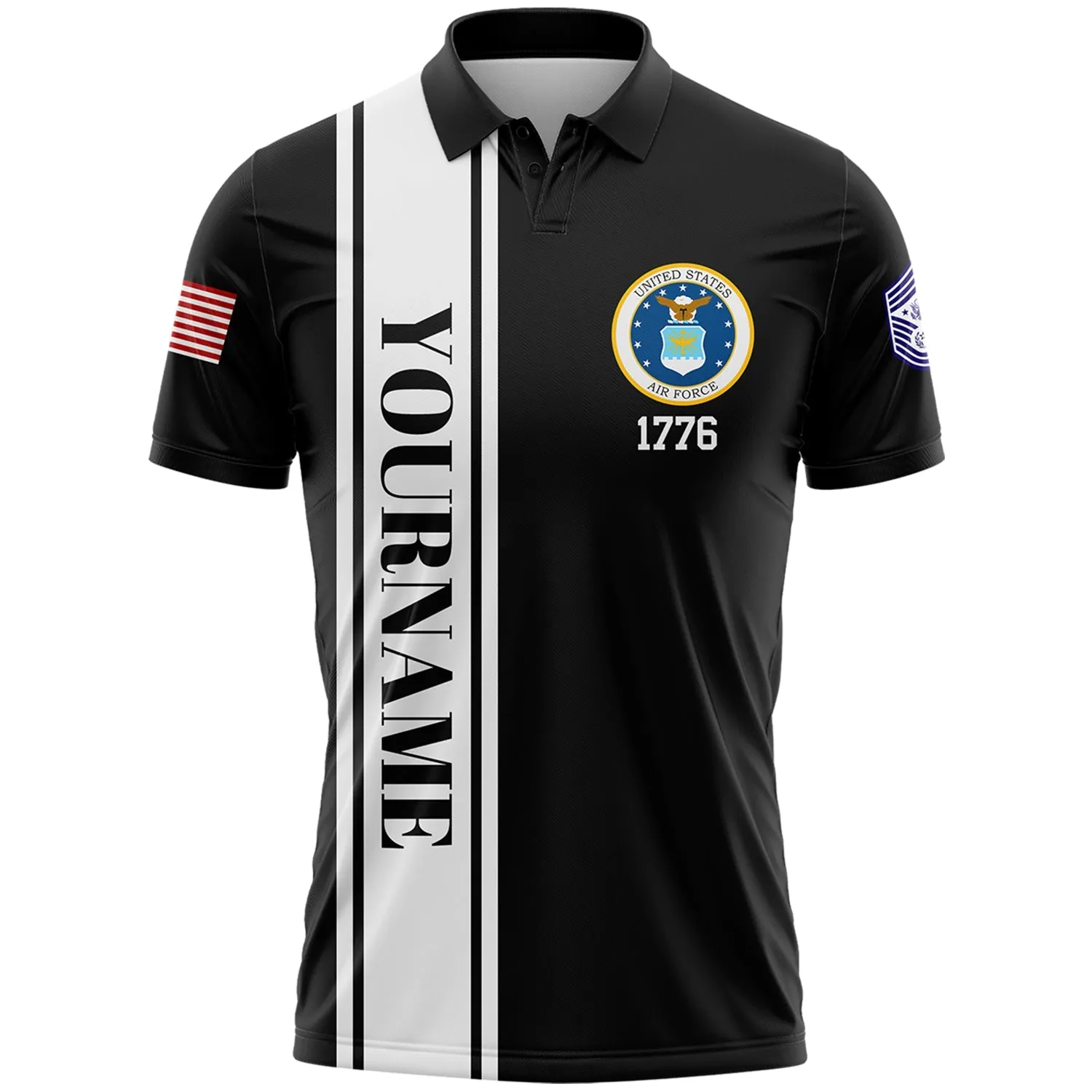 Custom Black Raised By A Hero 1776 Flag U.S Air Force Military Rank Name Veterans Day Golf Polo Shirt | Father's Day Gifts
