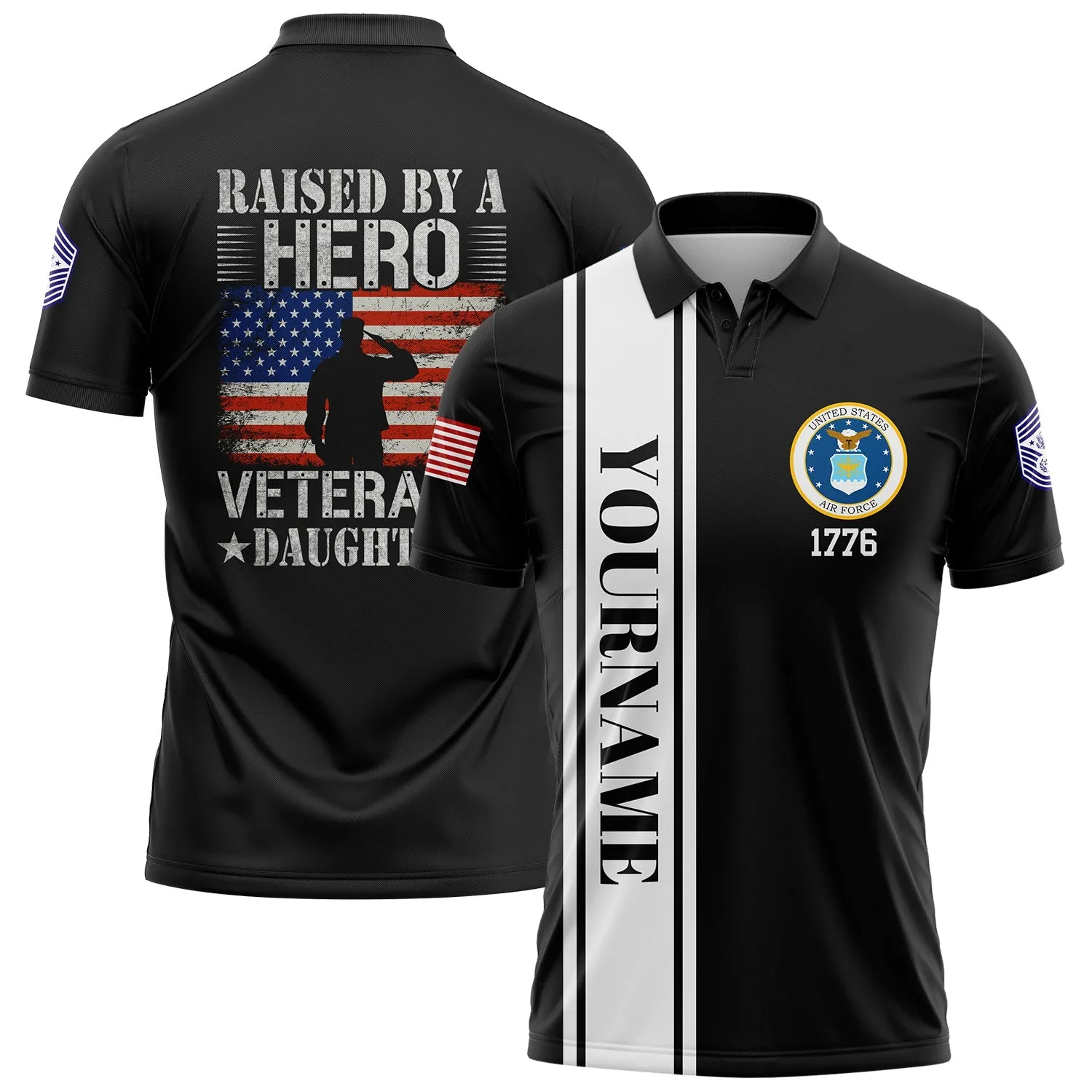 Custom Black Raised By A Hero 1776 Flag U.S Air Force Military Rank Name Veterans Day Golf Polo Shirt | Father's Day Gifts