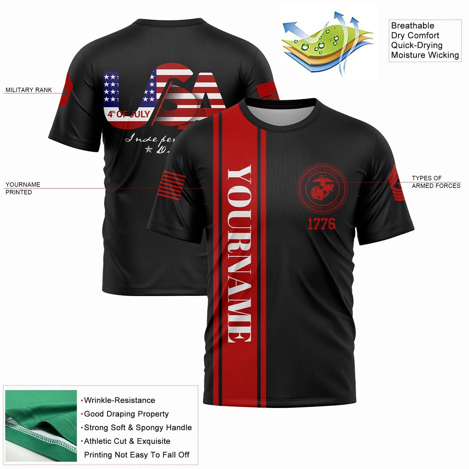 Custom Black USA Military Rank Name Independence Day T-Shirt