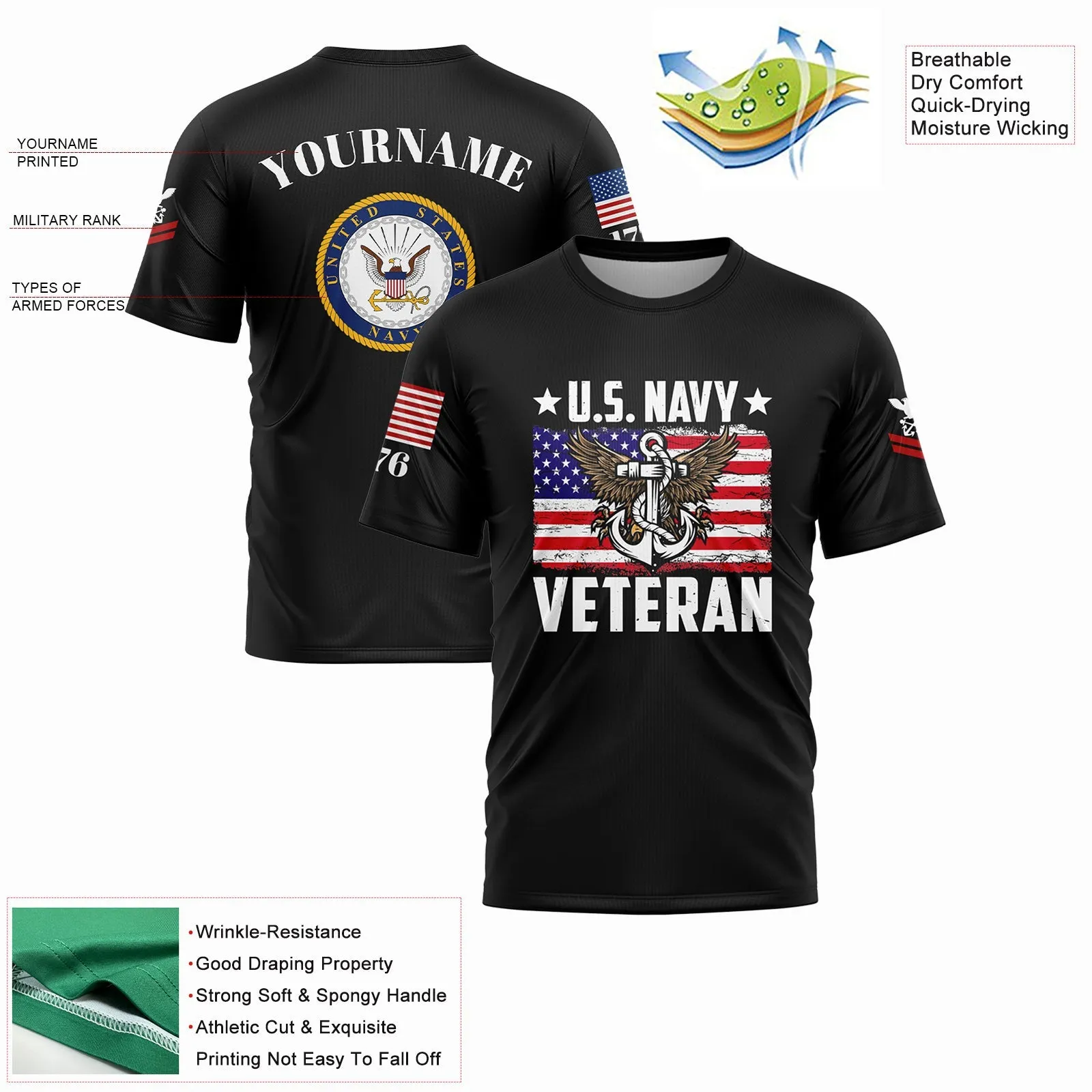Custom Black Veteran 1776 American Flag U.S Navy Military Rank Name T-Shirt