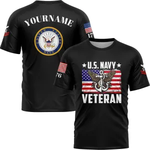 Custom Black Veteran 1776 American Flag U.S Navy Military Rank Name T-Shirt