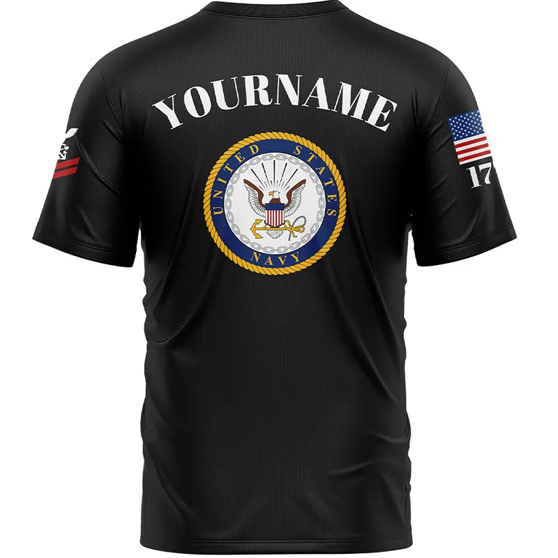 Custom Black Veteran 1776 American Flag U.S Navy Military Rank Name T-Shirt