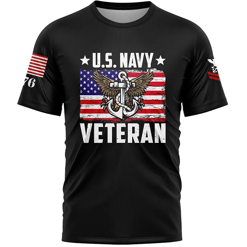 Custom Black Veteran 1776 American Flag U.S Navy Military Rank Name T-Shirt