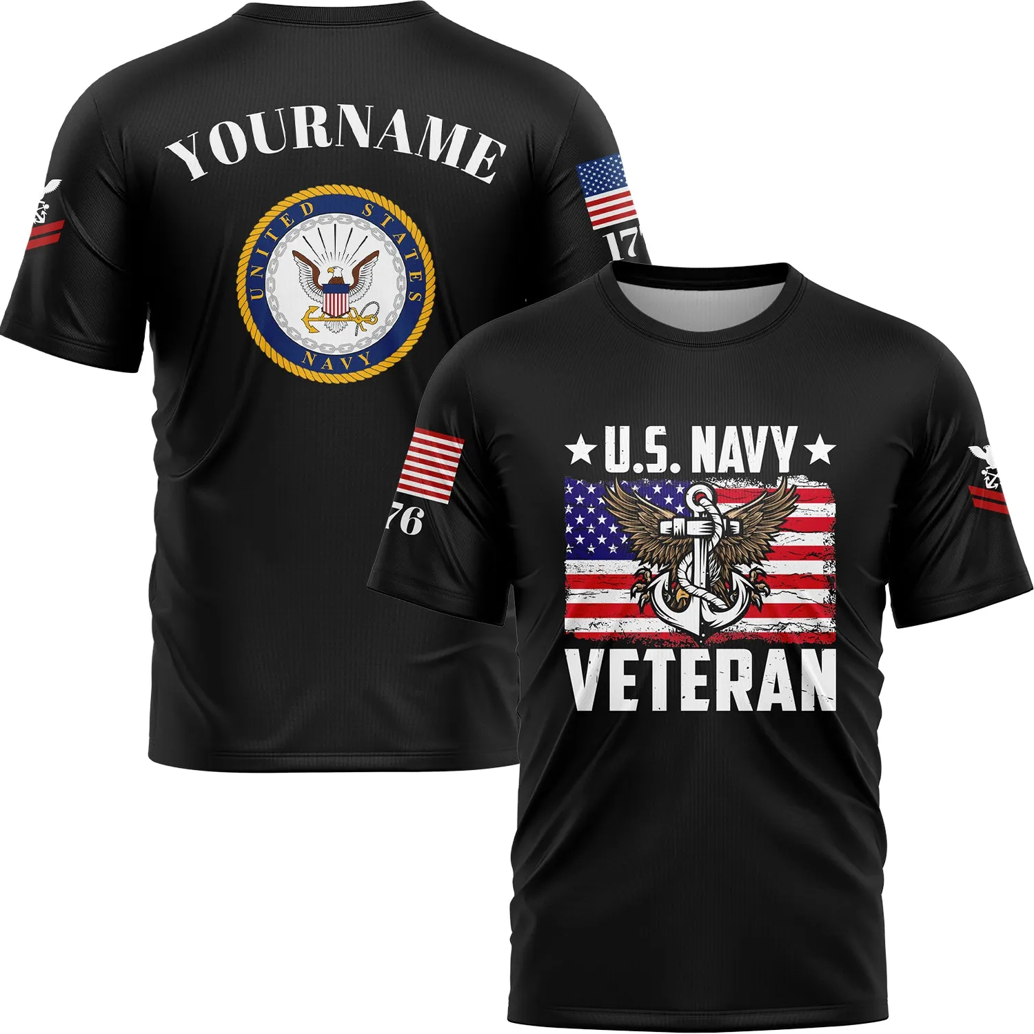 Custom Black Veteran 1776 American Flag U.S Navy Military Rank Name T-Shirt