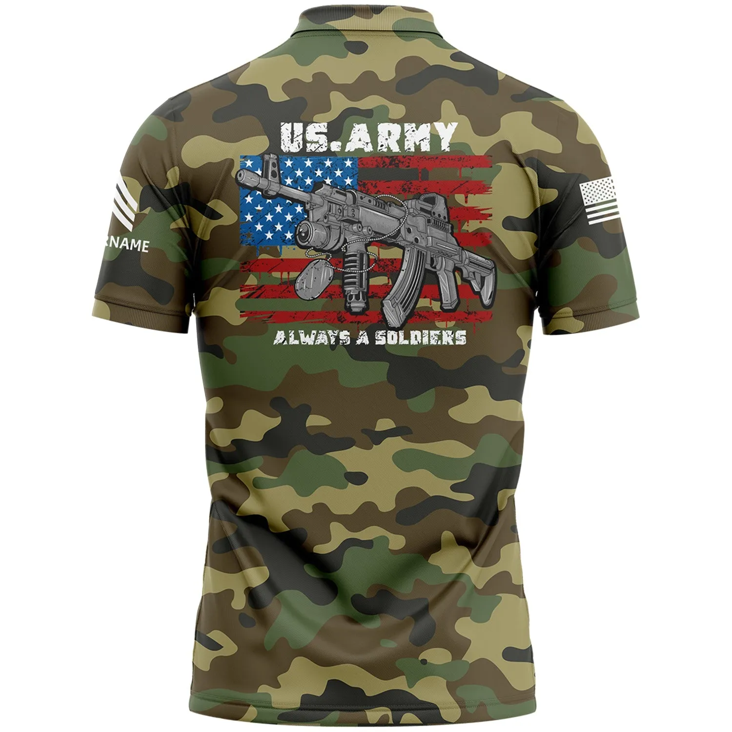 Custom Camo Always A Soldiers American Flag U.S Army Military Sergeant Rank Name Golf Polo Shirt | Father's Day Gifts