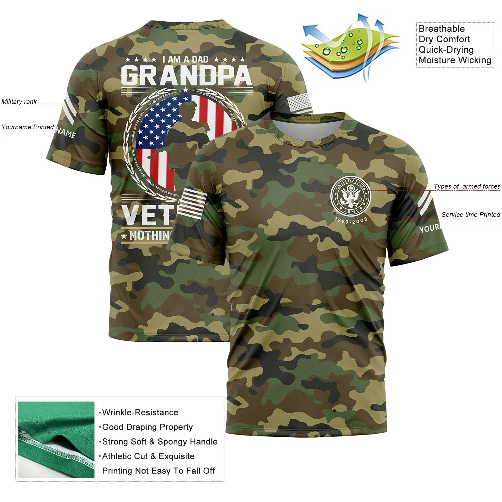 Custom Camo I'M A Dad Grandpa 1776 Flag U.S Army Military Rank Corporal Name Veterans Day T-Shirt | Father's Day Gifts