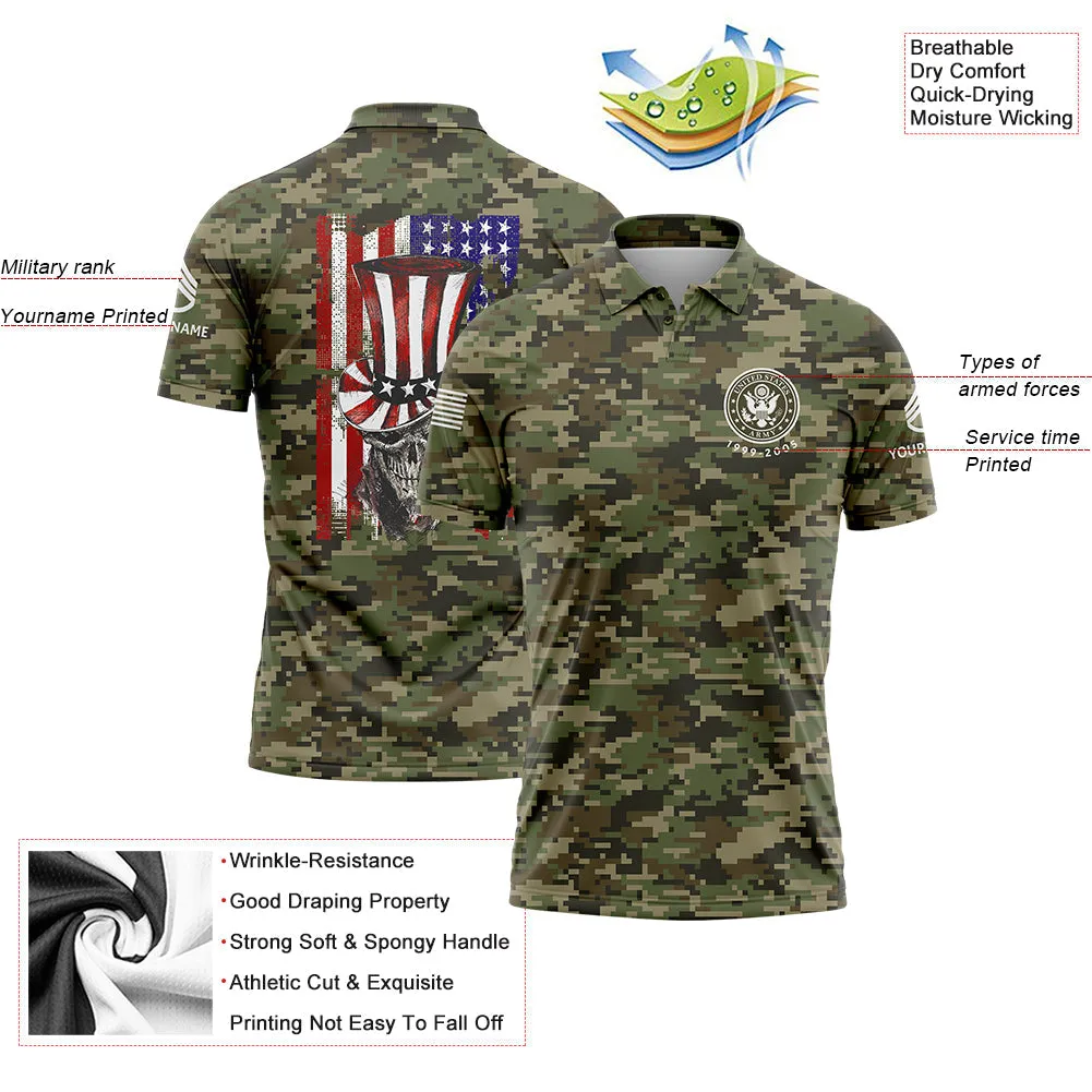 Custom Camo Magician Skull U.S. Army Military Staff Sergeant Rank Name Independence Day Golf Polo Shirt | Father's Day Gifts