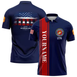 Custom Navy 1776 Flag U.S Marine Corps Military Rank Name Veterans Day Golf Polo Shirt | Father's Day Gifts