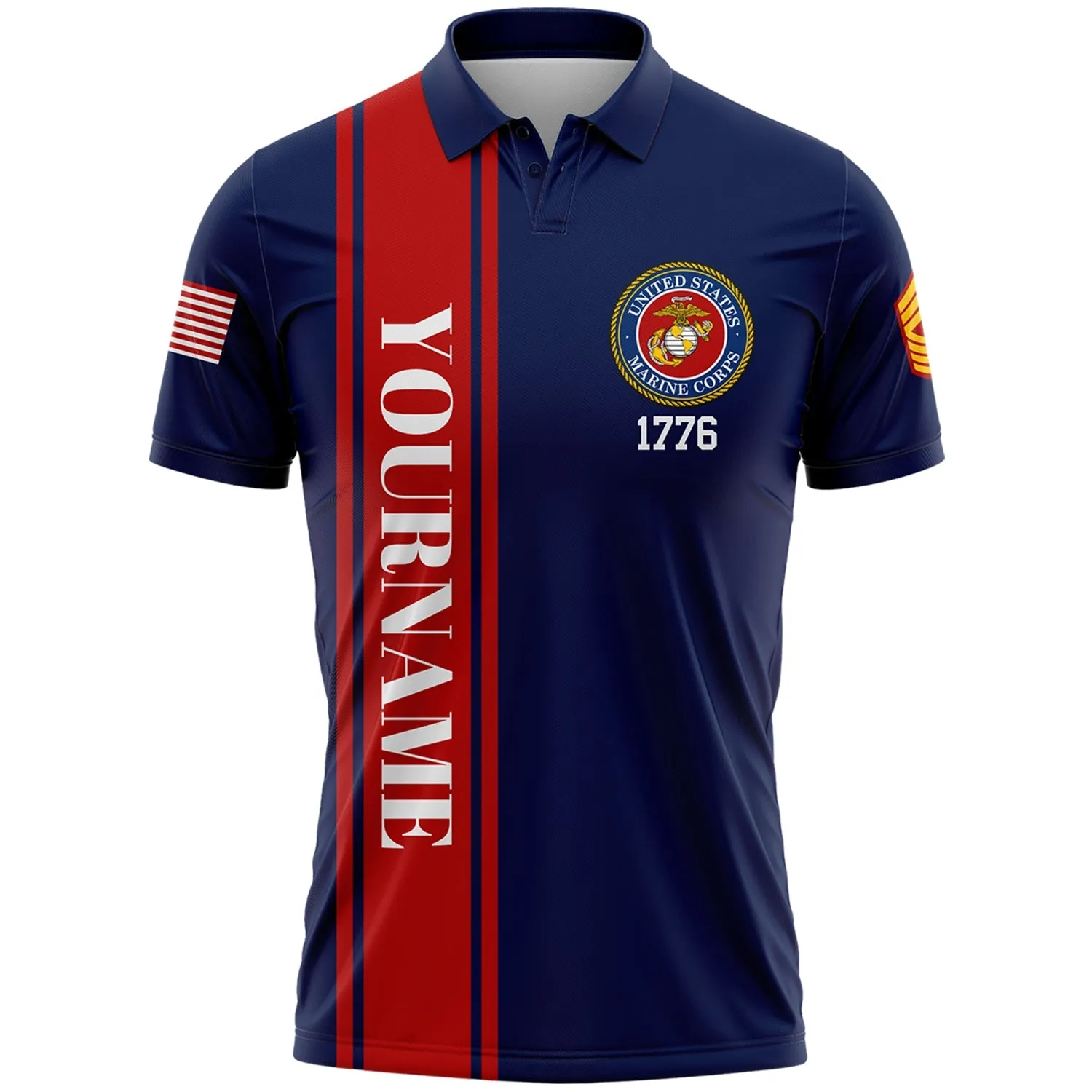 Custom Navy 1776 Flag U.S Marine Corps Military Rank Name Veterans Day Golf Polo Shirt | Father's Day Gifts