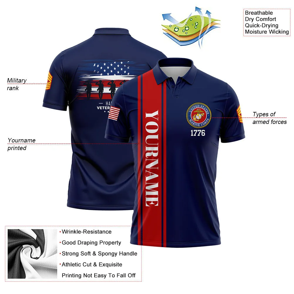 Custom Navy 1776 Flag U.S Marine Corps Military Rank Name Veterans Day Golf Polo Shirt | Father's Day Gifts