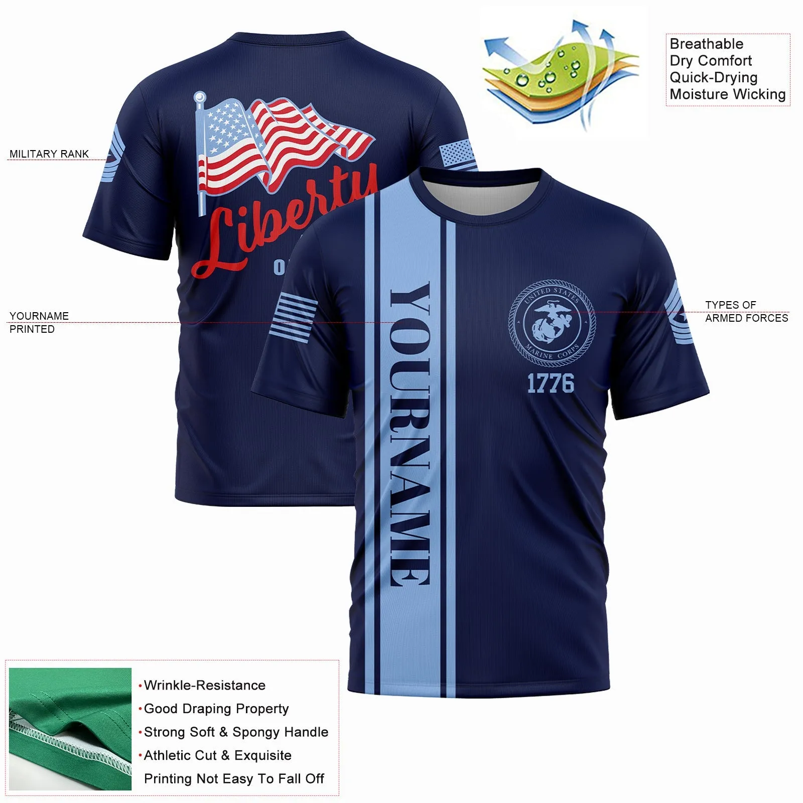 Custom Navy American Flag Military Rank Name Independence Day T-Shirt