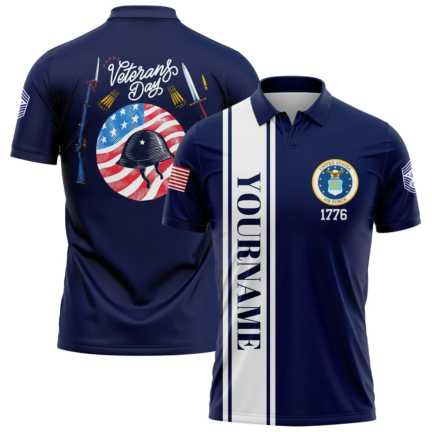 Custom Navy Helmet 1776 Flag U.S Air Force Military Rank Name Veterans Day Golf Polo Shirt | Father's Day Gifts