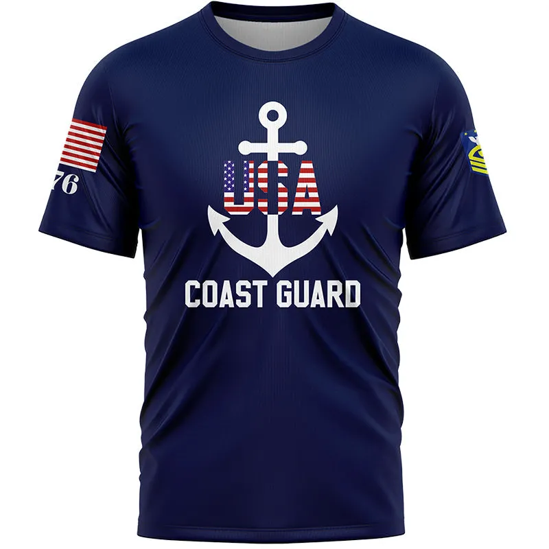 Custom Navy USA 1776 American Flag U.S Coast Guard Military Rank Name T-Shirt