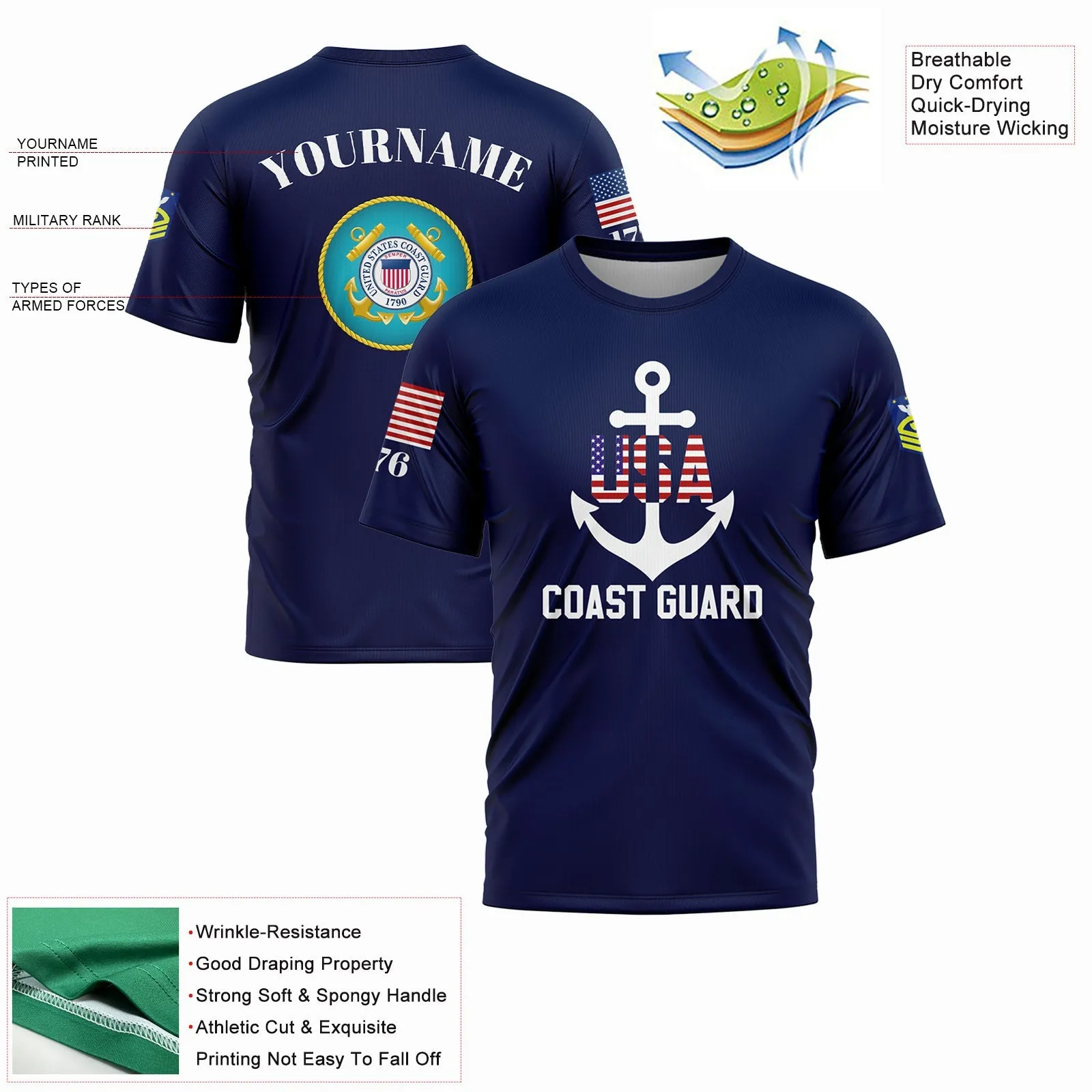 Custom Navy USA 1776 American Flag U.S Coast Guard Military Rank Name T-Shirt