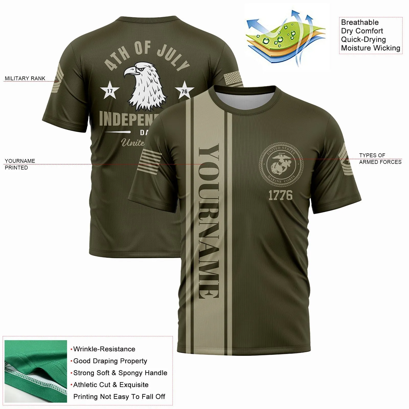 Custom Olive Eagle 4th Of July Military Rank Name Independence Day T-Shirt