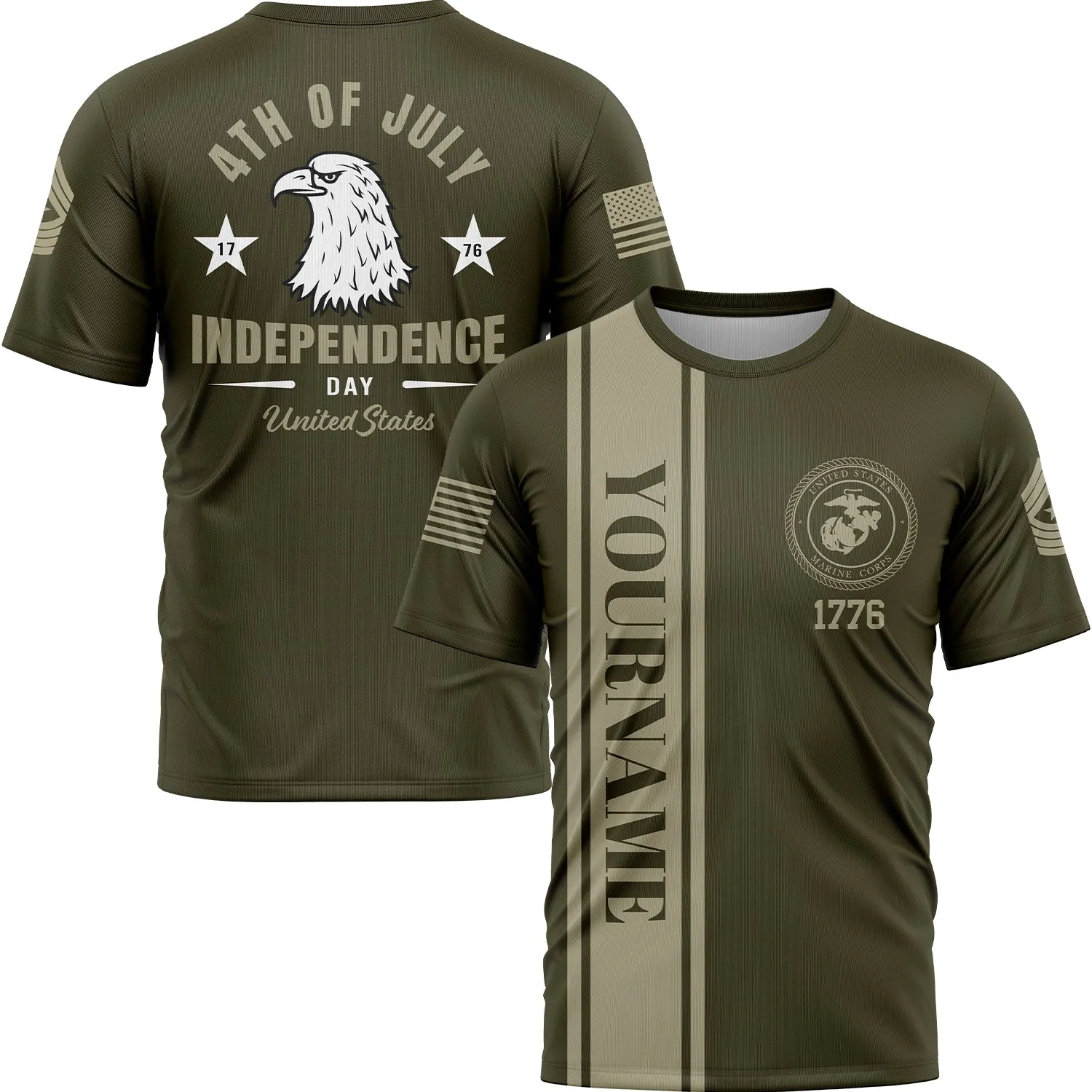 Custom Olive Eagle 4th Of July Military Rank Name Independence Day T-Shirt