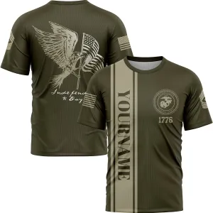 Custom Olive Eagle American Flag Military Rank Name Independence Day T-Shirt