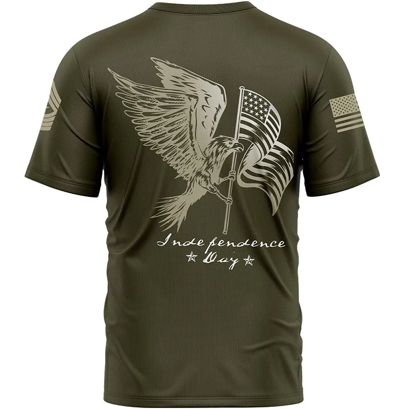 Custom Olive Eagle American Flag Military Rank Name Independence Day T-Shirt