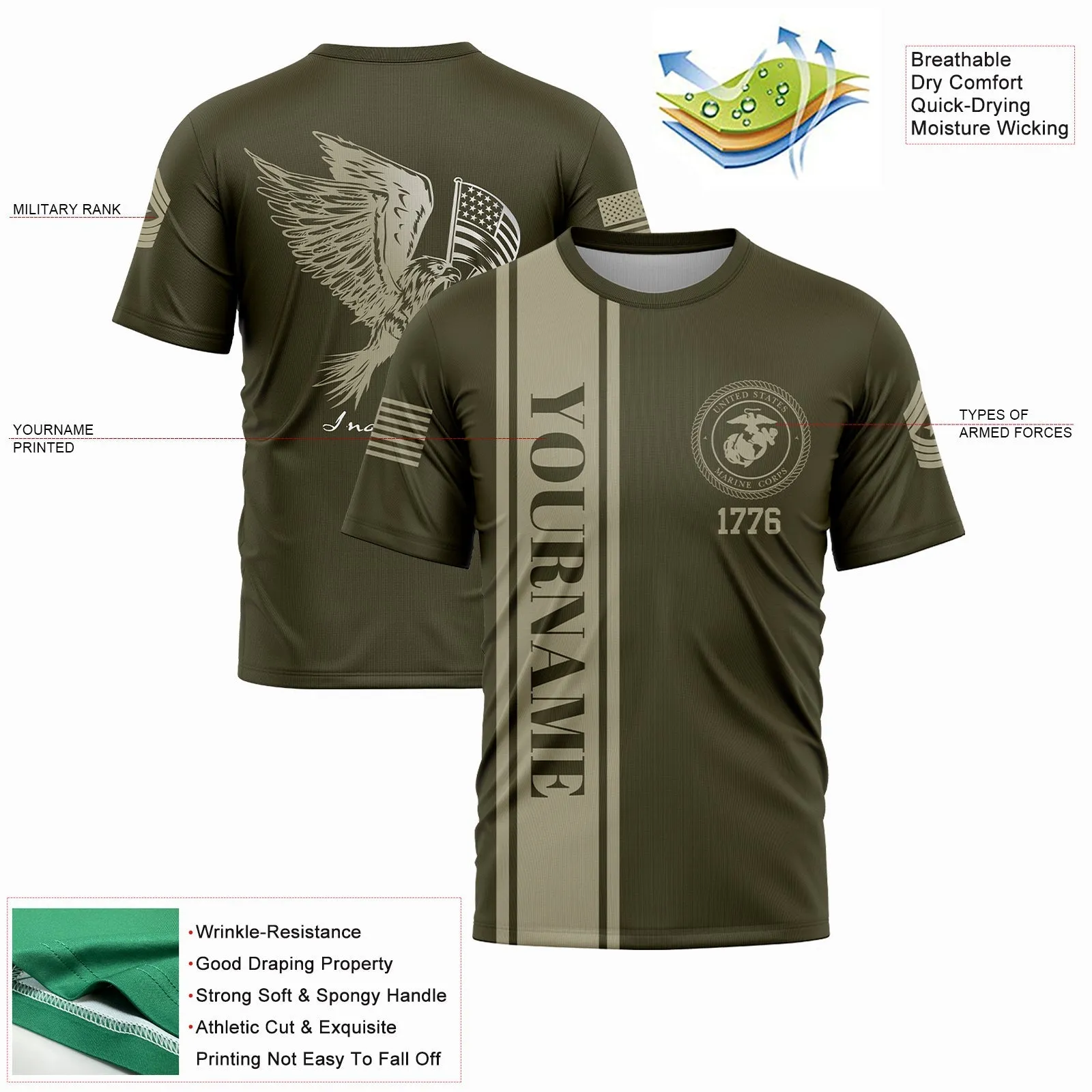 Custom Olive Eagle American Flag Military Rank Name Independence Day T-Shirt