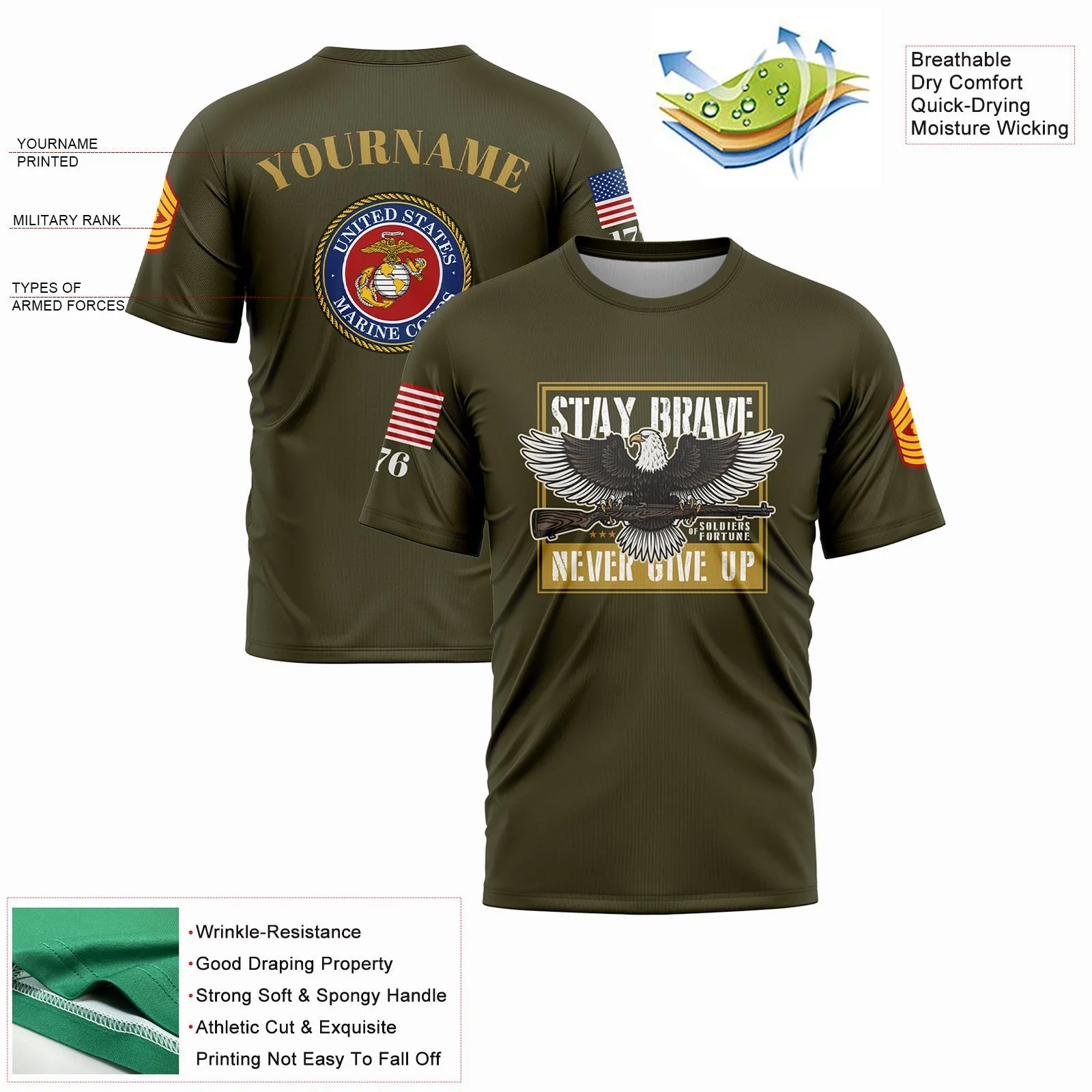 Custom Olive Eagle Stay Brave Never Give Up 1776 U.S Marine Corps Military Rank Name T-Shirt