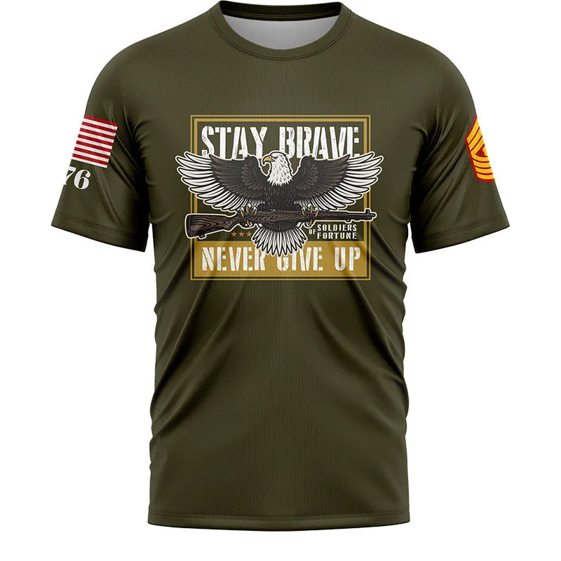 Custom Olive Eagle Stay Brave Never Give Up 1776 U.S Marine Corps Military Rank Name T-Shirt