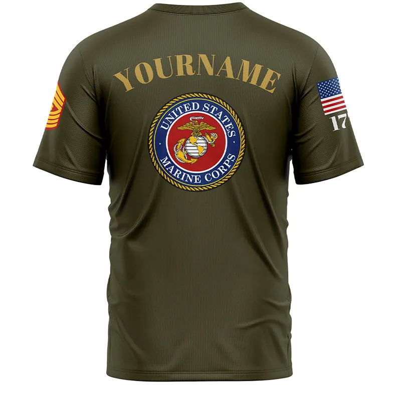 Custom Olive Eagle Stay Brave Never Give Up 1776 U.S Marine Corps Military Rank Name T-Shirt