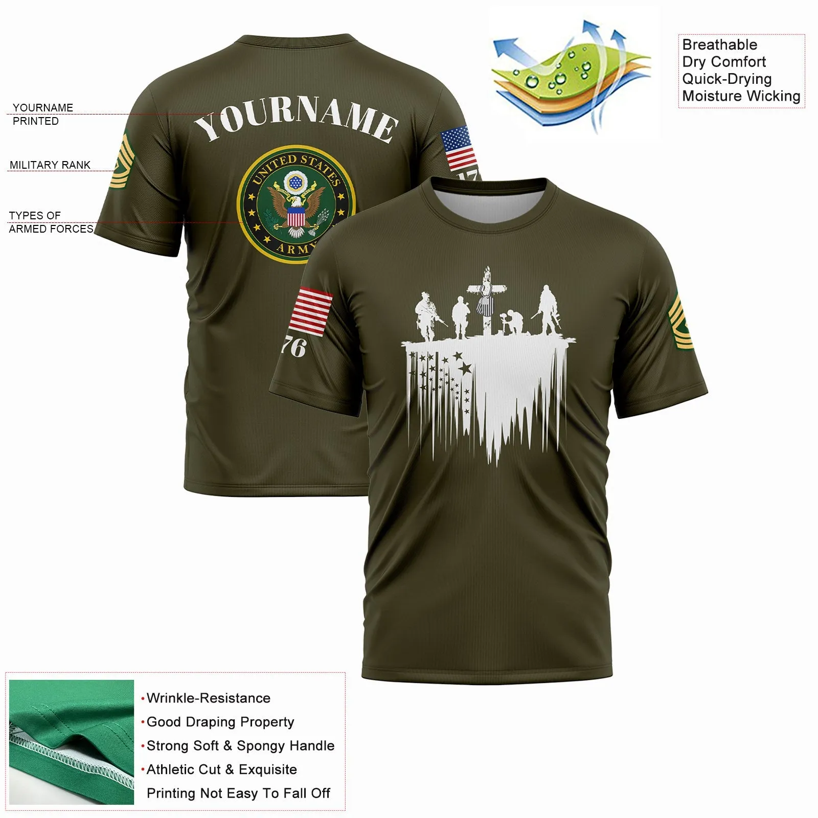 Custom Olive Tombstone Dog tag 1776 American Flag U.S Army Military Rank Name Memorial Day T-Shirt