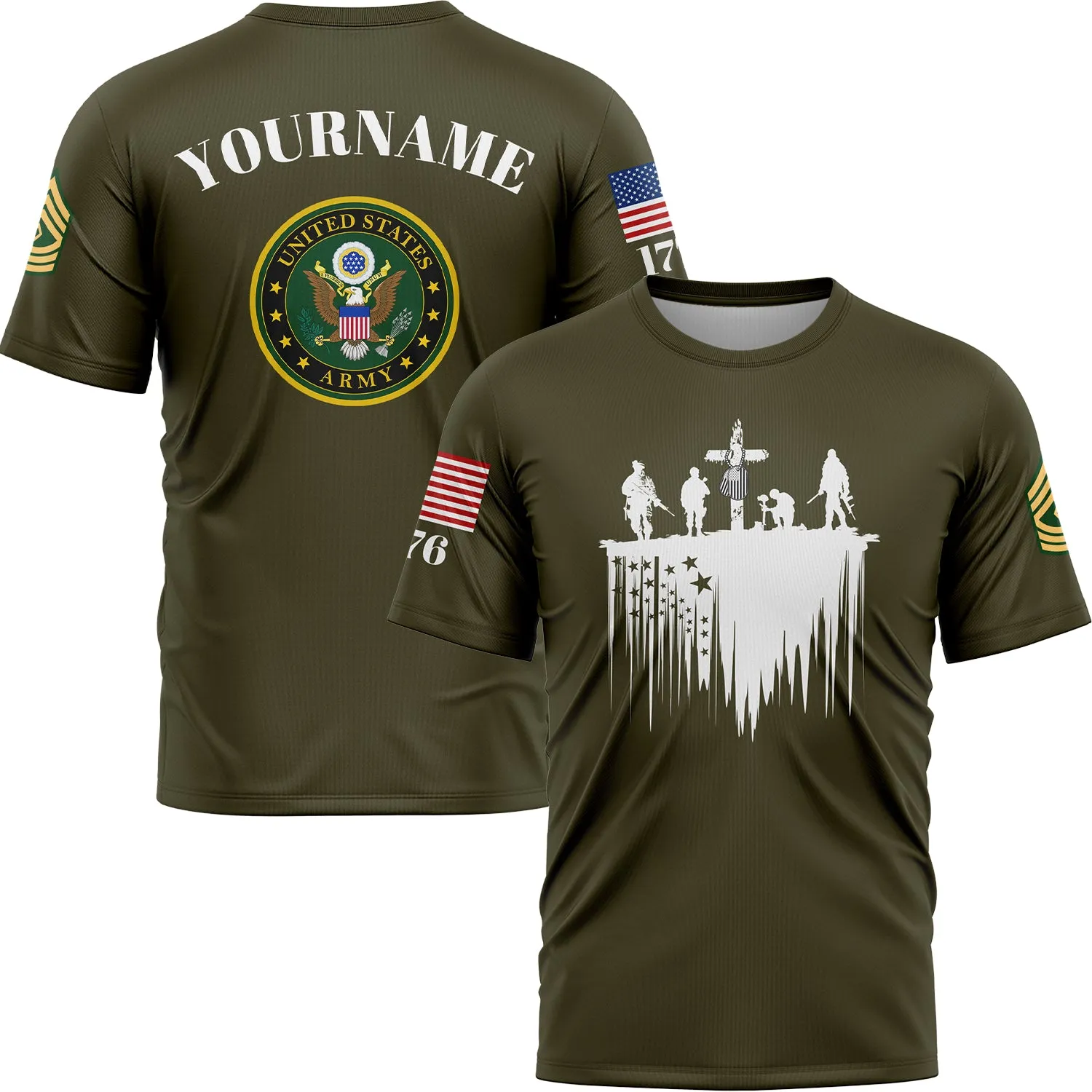 Custom Olive Tombstone Dog tag 1776 American Flag U.S Army Military Rank Name Memorial Day T-Shirt
