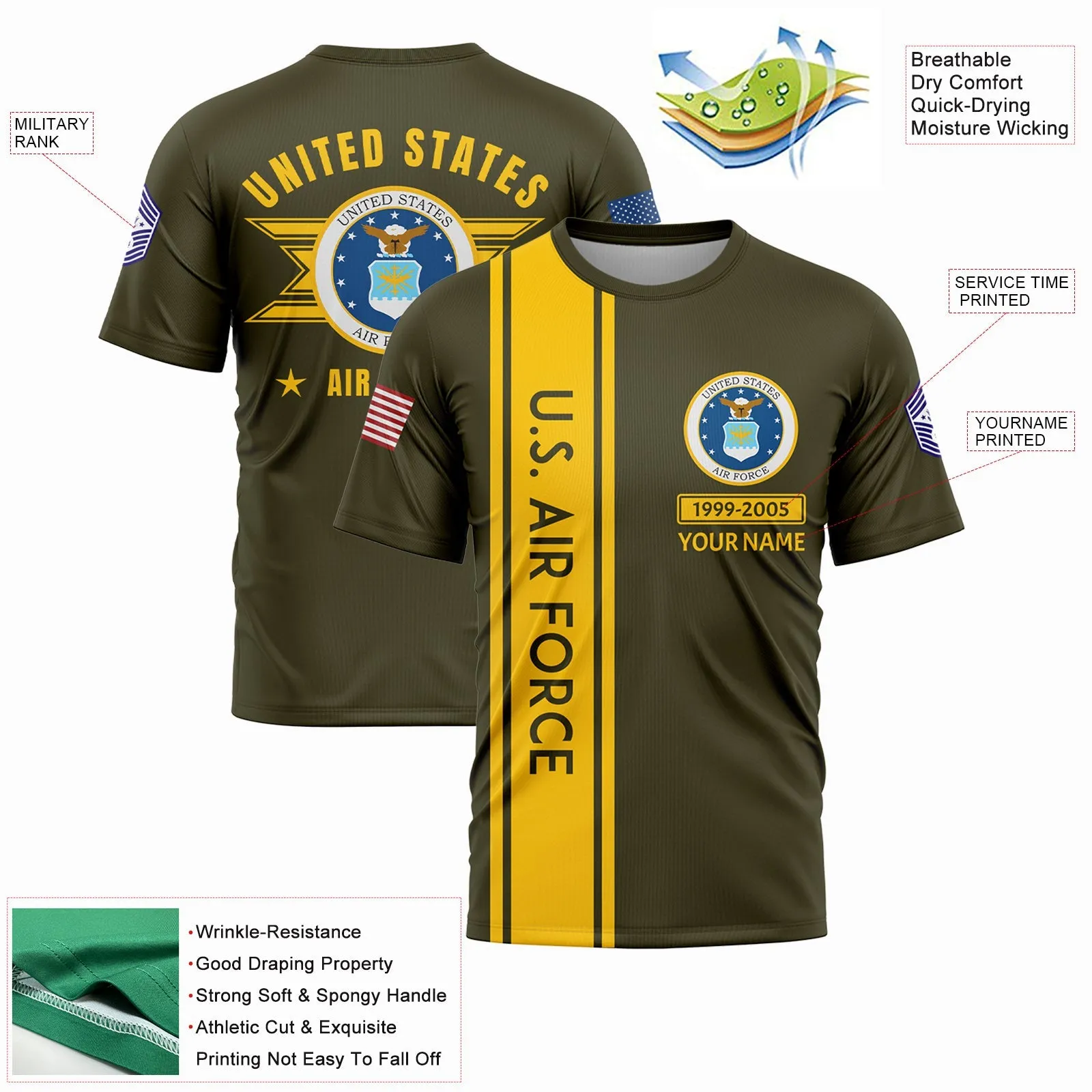 Custom Olive U.S Air Force Military Rank Name T-Shirt